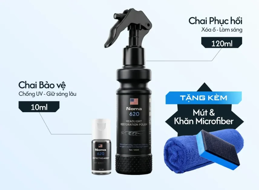 Trong bộ NOMA 620: chai phục hồi 120ml, chai bảo vệ 10ml, mút và khăn microfiber